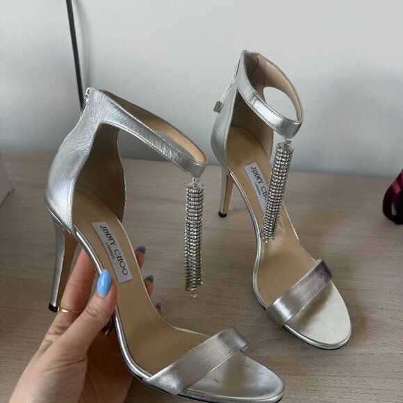 NWT Jimmy Choo Viola 100 Metallic Nappa Leather Crystal Chandelier Ankle Strap - Picture 5 of 16